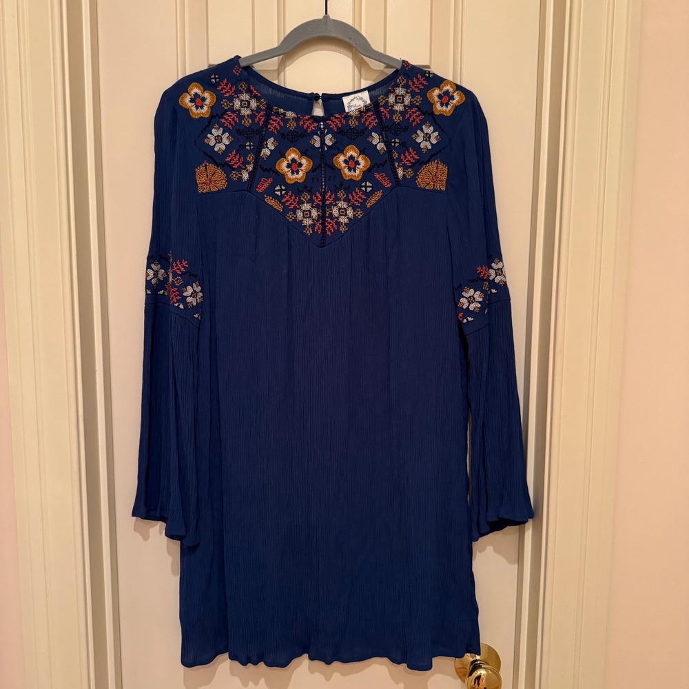 Embroidered Shift Dress Womens S Navy Blue Boho Festival Peasant Bell Sleeve